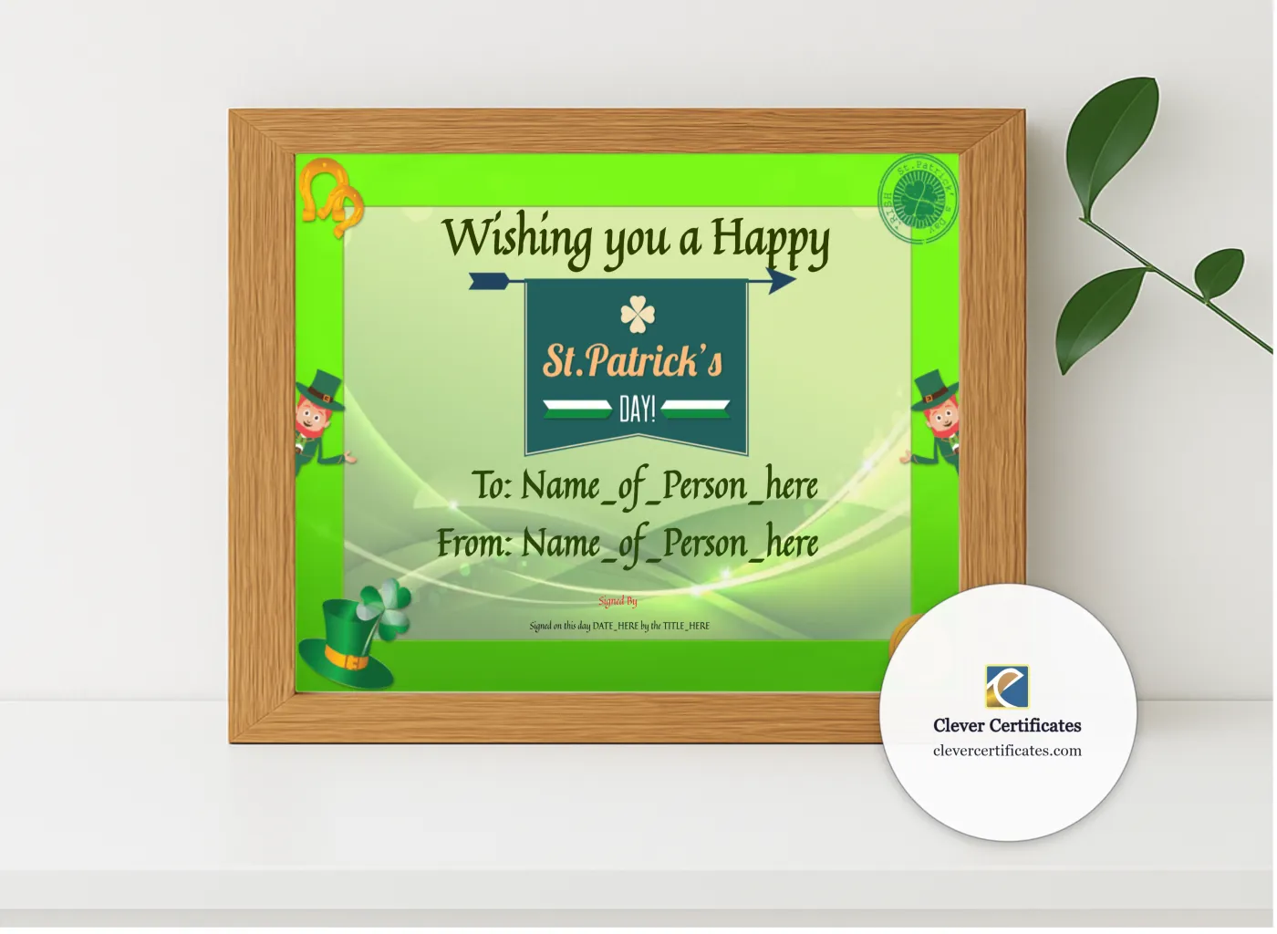 Realistic mockup featuring Happy St Patricks Day displayed within a modern frame, set against a minimalistic background.