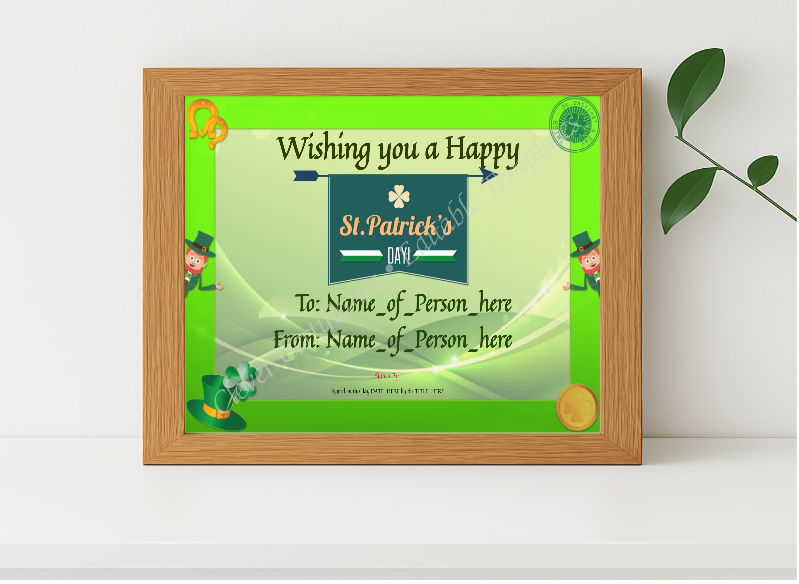 Realistic mockup featuring Happy St Patricks Day displayed within a modern frame, set against a minimalistic background.