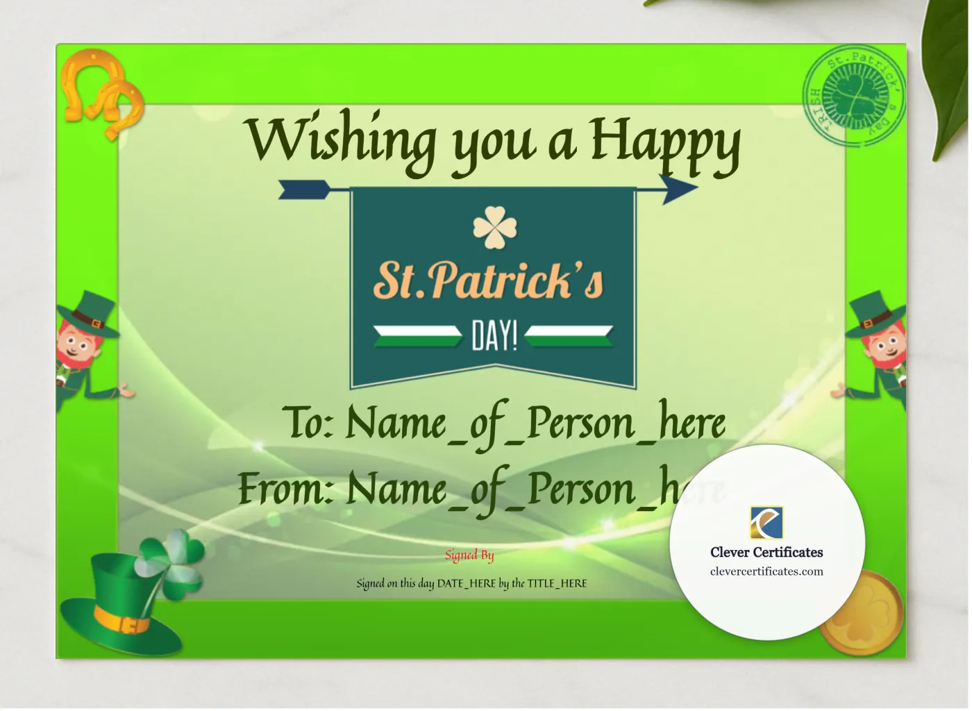 Happy St Patricks Day presented in a sleek wooden frame, elegantly arranged on a stylish table.