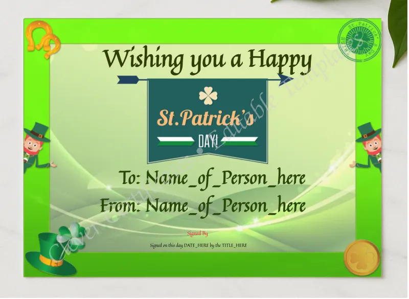 Happy St Patricks Day presented in a sleek wooden frame, elegantly arranged on a stylish table.