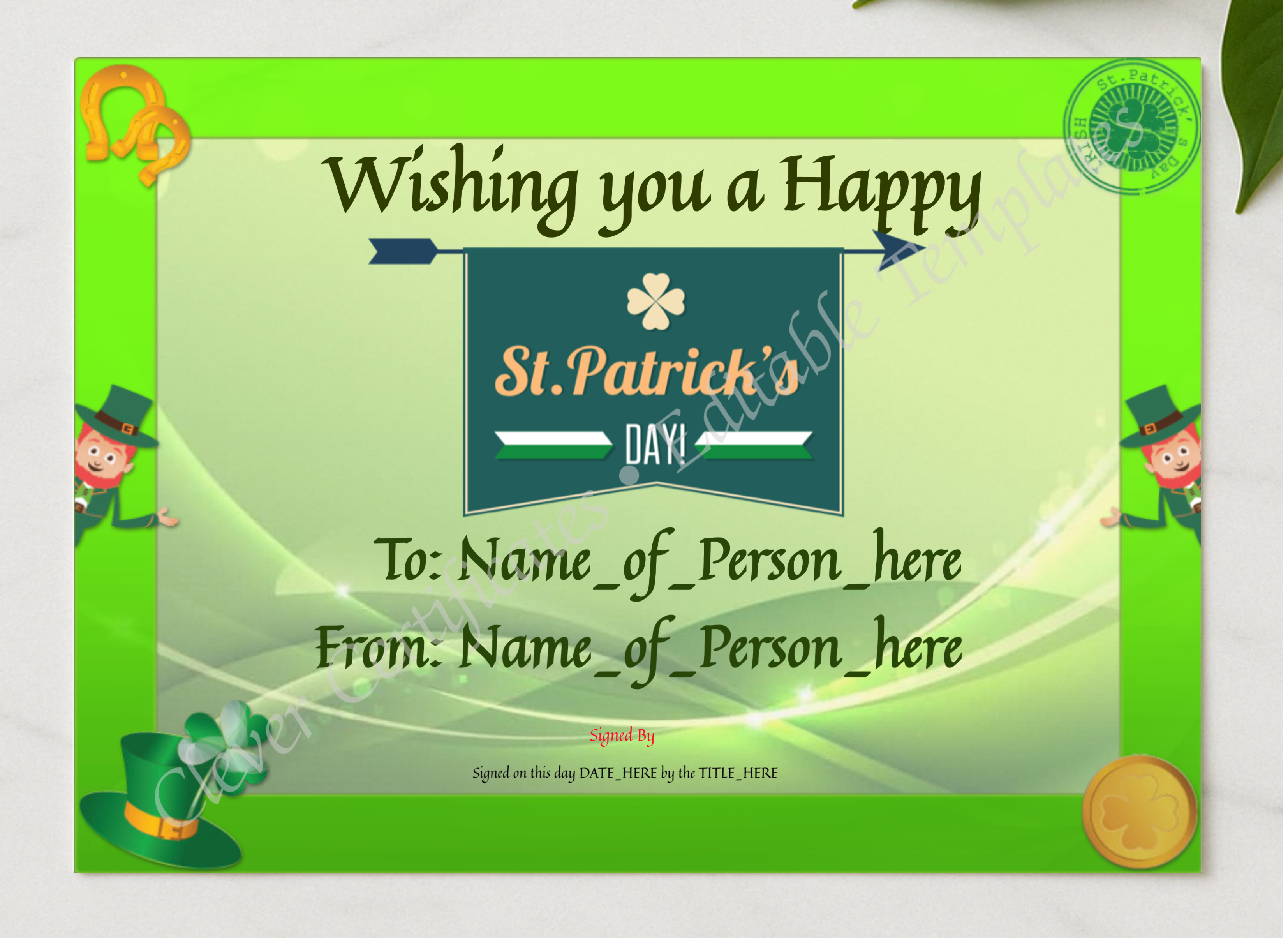 Happy St Patricks Day presented in a sleek wooden frame, elegantly arranged on a stylish table.