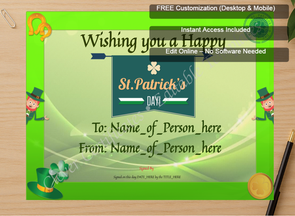 Zoomed preview with Free Editor badge stack for Happy St Patricks Day