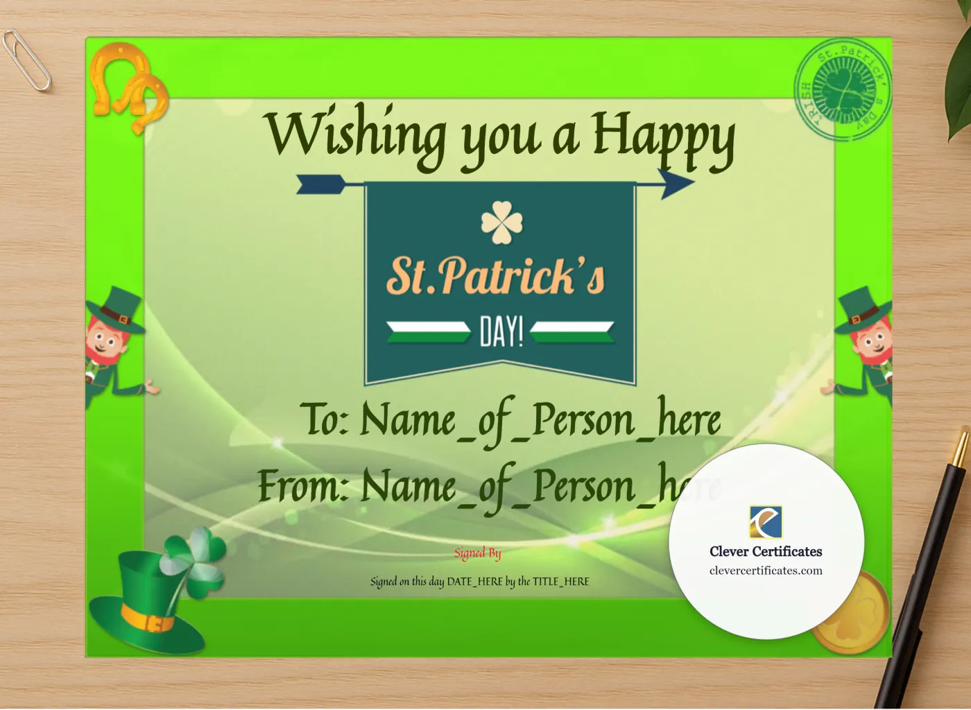 Professional preview of Happy St Patricks Day certificate on high-quality stationery paper, ideal for showcasing the final look.