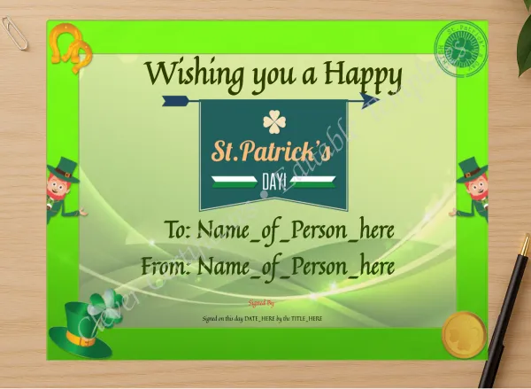 Professional preview of Happy St Patricks Day certificate on high-quality stationery paper, ideal for showcasing the final look.