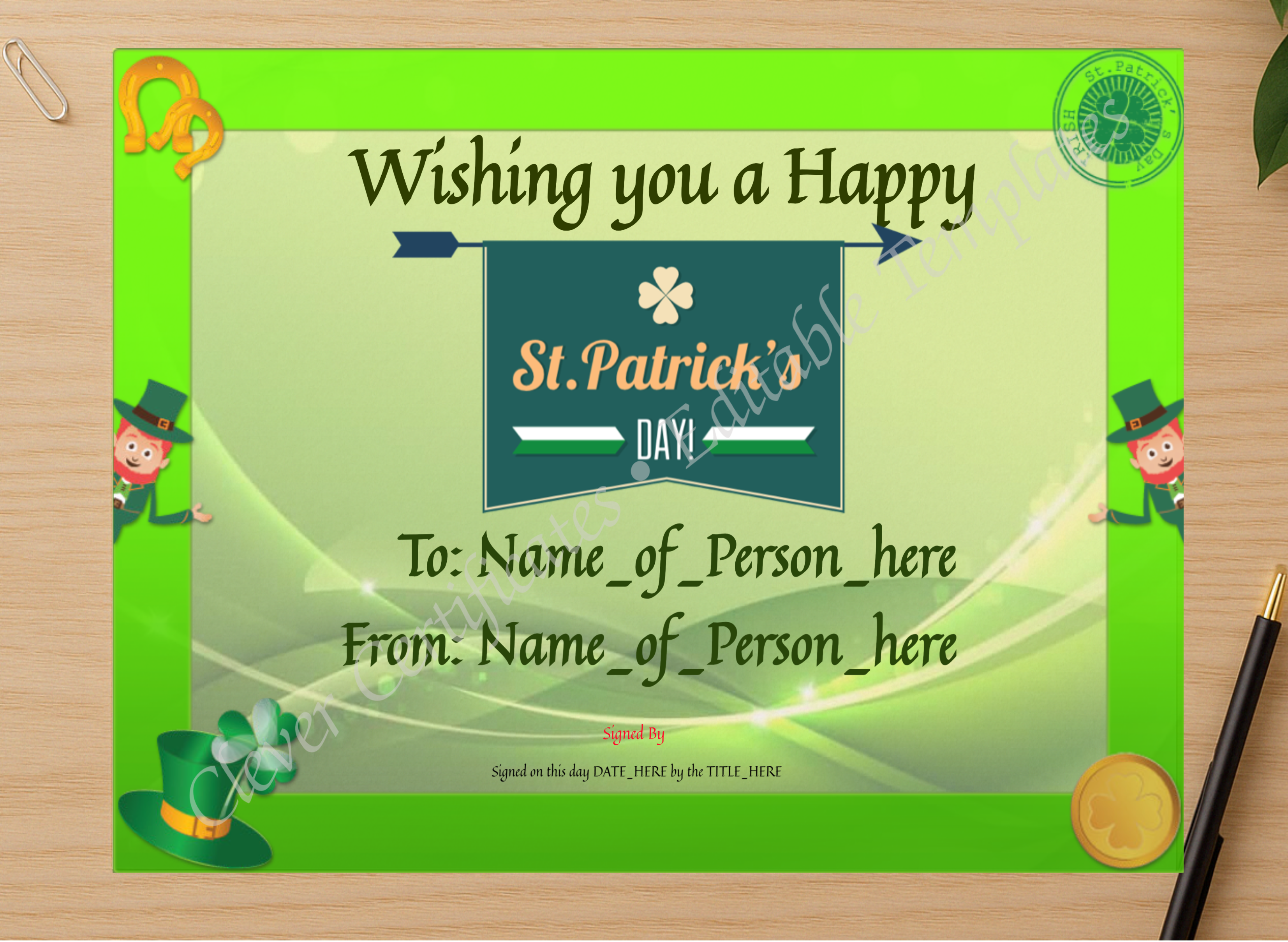 Professional preview of Happy St Patricks Day certificate on high-quality stationery paper, ideal for showcasing the final look.