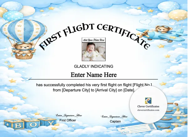 Free Editable First Flight Baby Boy Certificate
