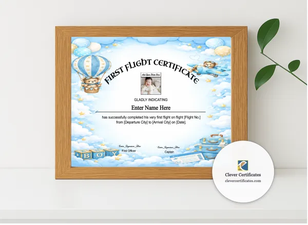 Realistic mockup featuring Editable First Flight Baby Boy Certificate displayed within a modern frame, set against a minimalistic background.