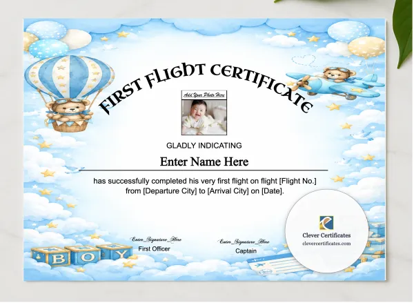 Editable First Flight Baby Boy Certificate presented in a sleek wooden frame, elegantly arranged on a stylish table.