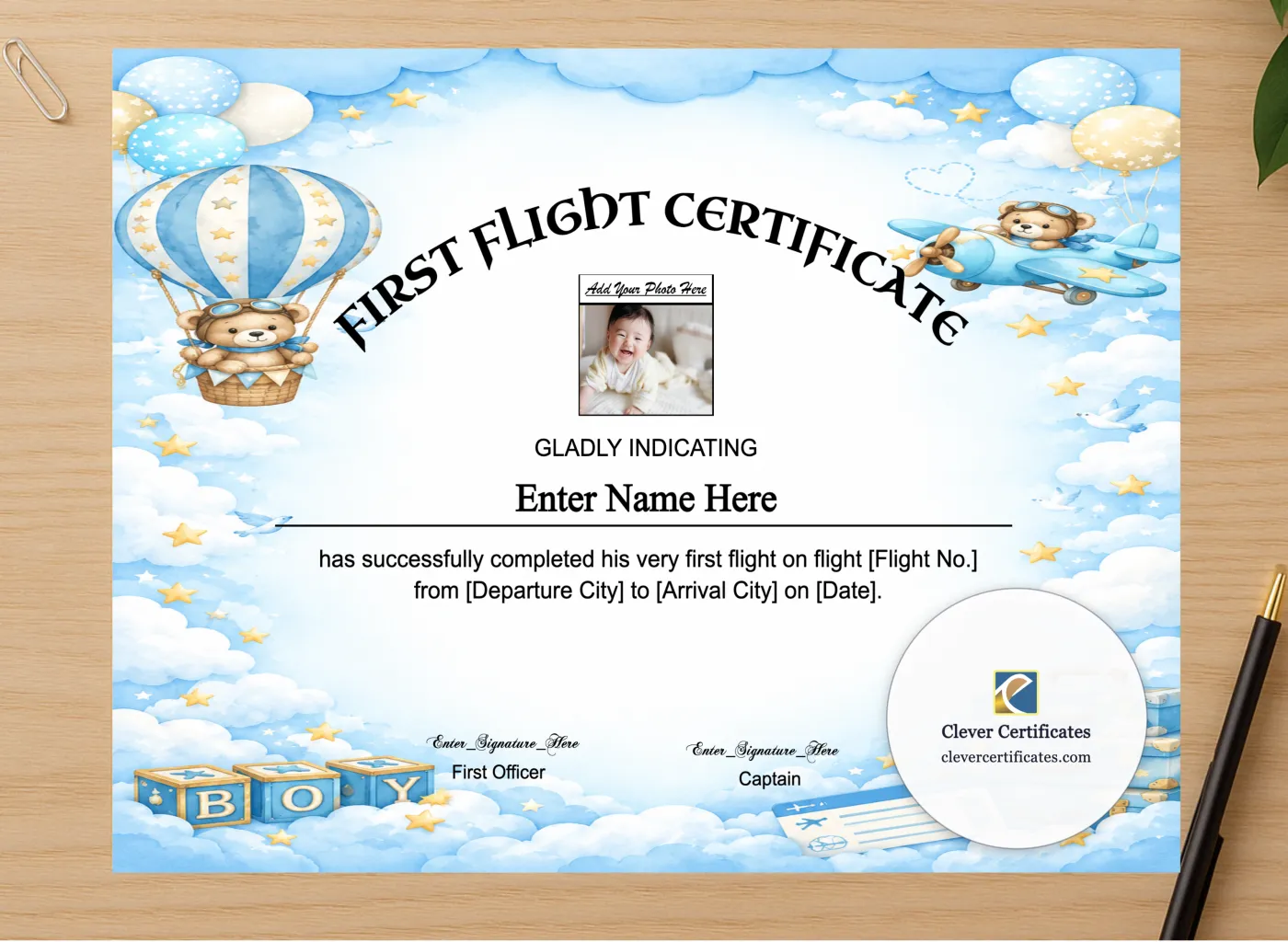Professional preview of Editable First Flight Baby Boy Certificate certificate on high-quality stationery paper, ideal for showcasing the final look.