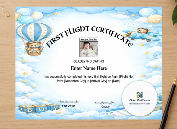 Professional preview of Editable First Flight Baby Boy Certificate certificate on high-quality stationery paper, ideal for showcasing the final look.