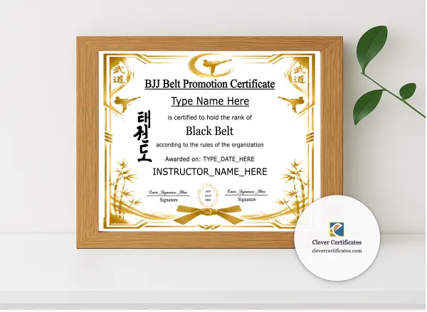 Realistic mockup featuring BJJ Belt Promotion Certificate displayed within a modern frame, set against a minimalistic background.