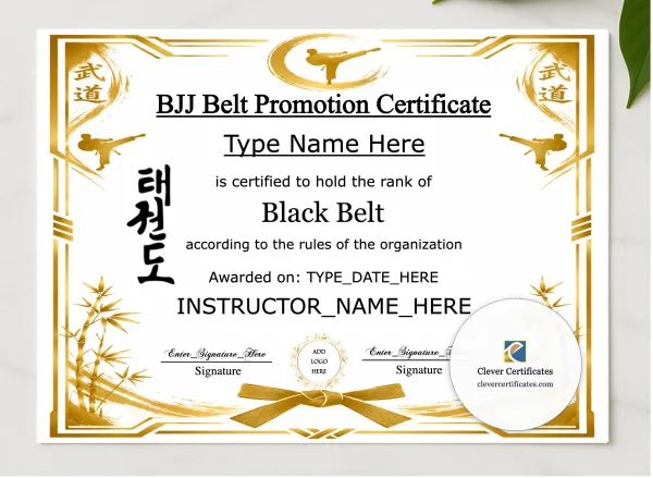 BJJ Belt Promotion Certificate presented in a sleek wooden frame, elegantly arranged on a stylish table.