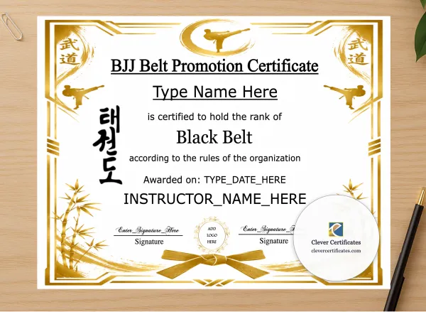 Professional preview of BJJ Belt Promotion Certificate certificate on high-quality stationery paper, ideal for showcasing the final look.