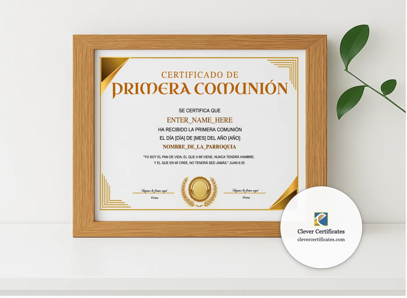 Realistic mockup featuring Certificado De Primera Comunion Landscape displayed within a modern frame, set against a minimalistic background.