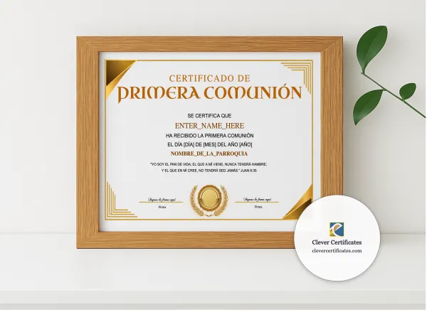 Realistic mockup featuring Certificado De Primera Comunion Landscape displayed within a modern frame, set against a minimalistic background.