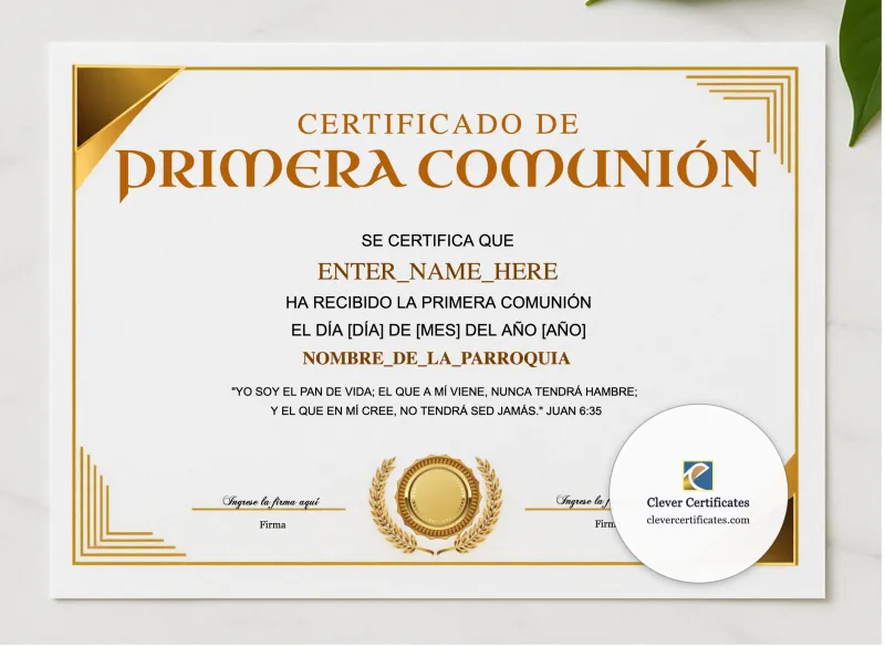 Certificado De Primera Comunion Landscape presented in a sleek wooden frame, elegantly arranged on a stylish table.