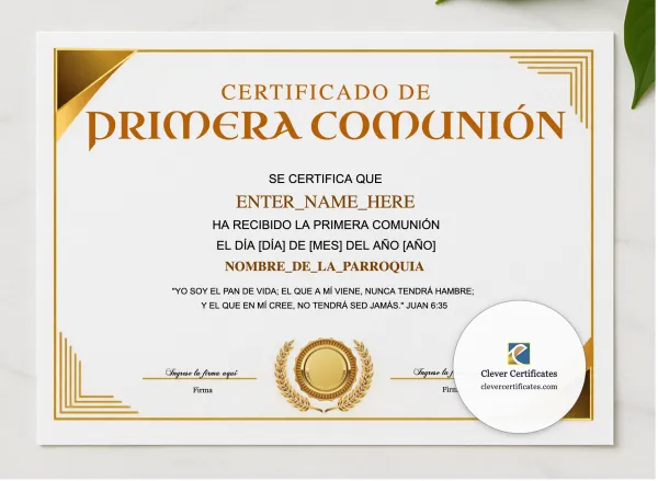 Certificado De Primera Comunion Landscape presented in a sleek wooden frame, elegantly arranged on a stylish table.
