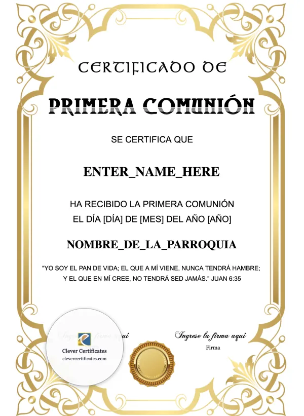 Certificado De Primera Comunion Portrait — Certificate Template Preview