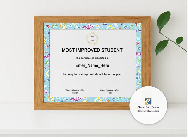 Realistic mockup featuring Most Improved Student Certificate displayed within a modern frame, set against a minimalistic background.