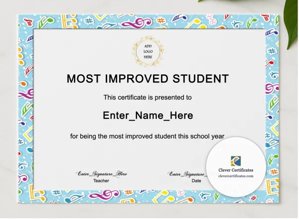 Most Improved Student Certificate presented in a sleek wooden frame, elegantly arranged on a stylish table.