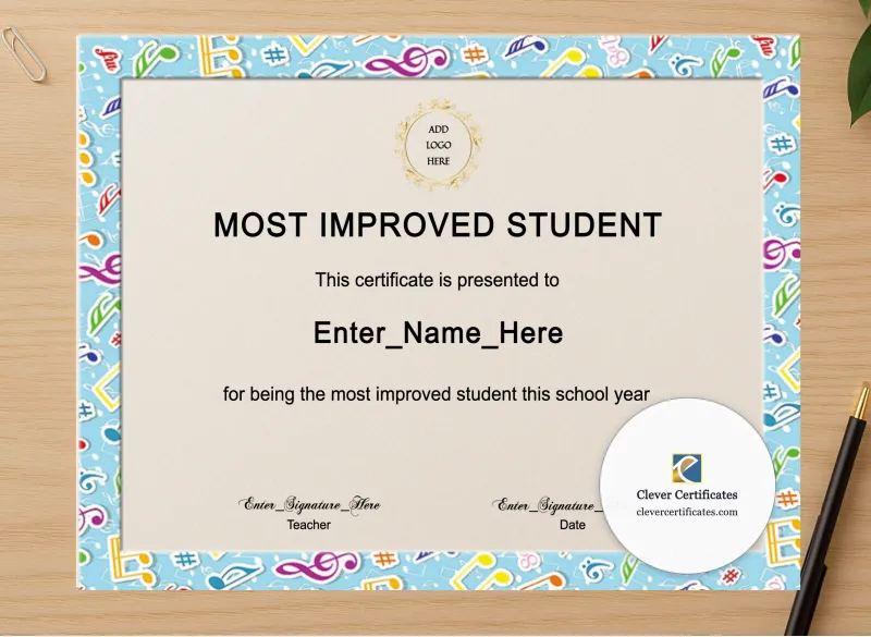 Professional preview of Most Improved Student Certificate certificate on high-quality stationery paper, ideal for showcasing the final look.