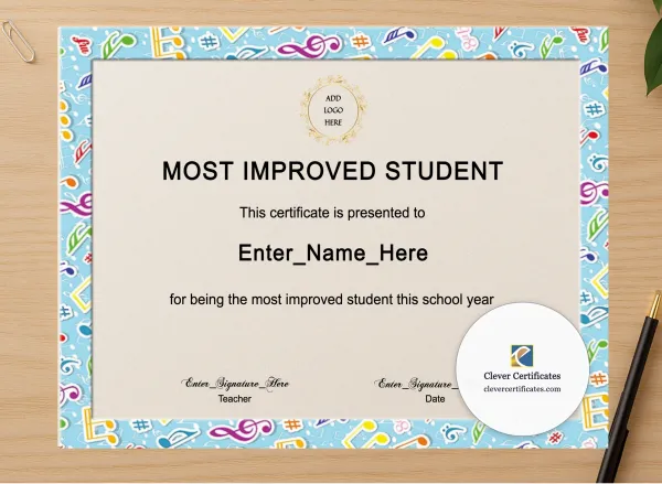 Professional preview of Most Improved Student Certificate certificate on high-quality stationery paper, ideal for showcasing the final look.