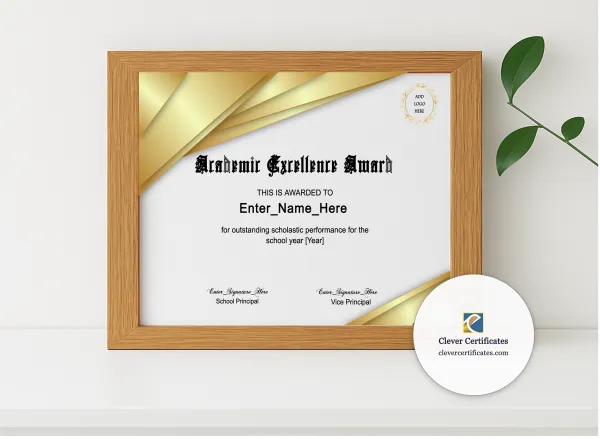 Realistic mockup featuring Academic Excellence Award displayed within a modern frame, set against a minimalistic background.