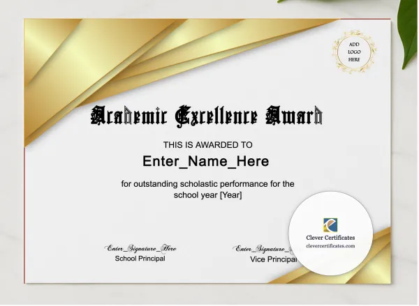 Academic Excellence Award presented in a sleek wooden frame, elegantly arranged on a stylish table.