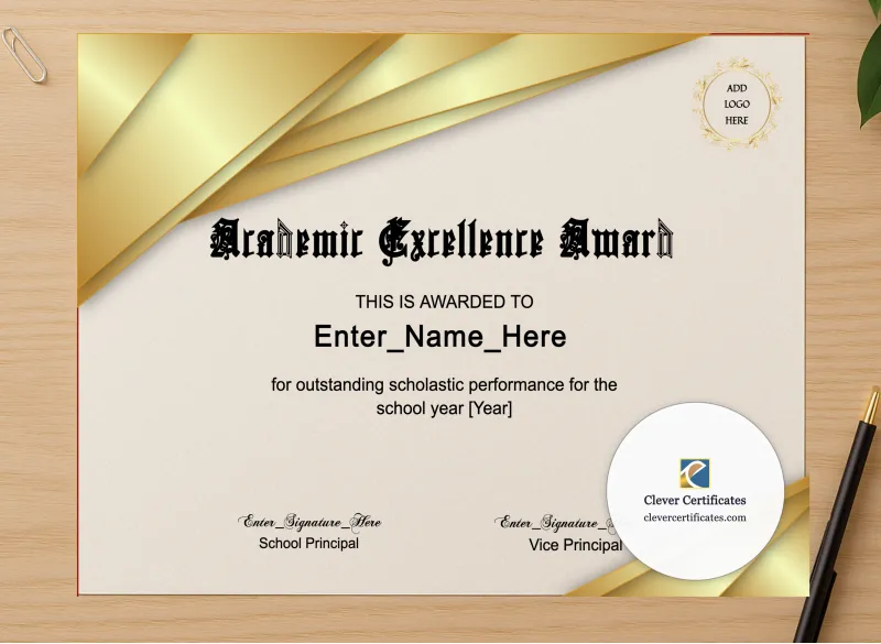 Professional preview of Academic Excellence Award certificate on high-quality stationery paper, ideal for showcasing the final look.