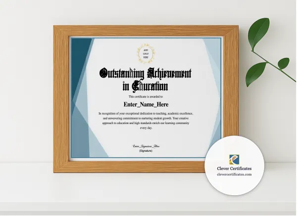 Realistic mockup featuring Outstanding Achievement In Education Certificate displayed within a modern frame, set against a minimalistic background.