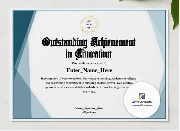 Outstanding Achievement In Education Certificate presented in a sleek wooden frame, elegantly arranged on a stylish table.