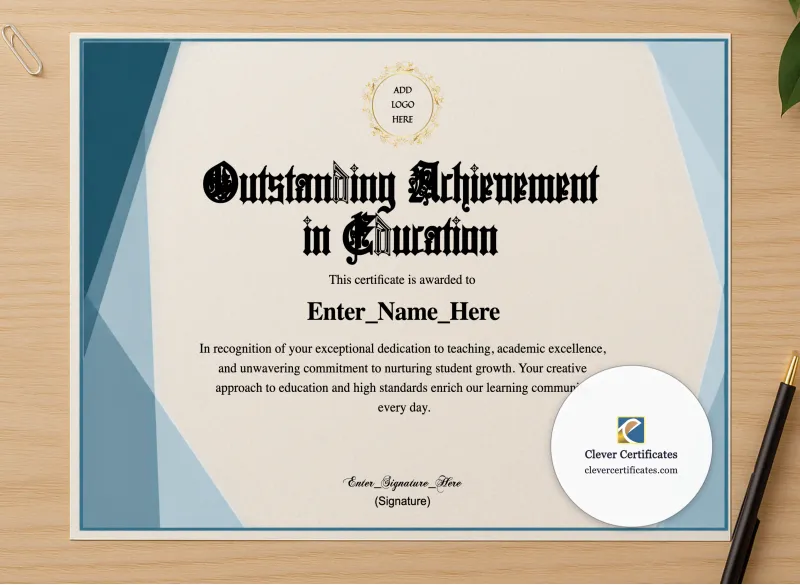 Professional preview of Outstanding Achievement In Education Certificate certificate on high-quality stationery paper, ideal for showcasing the final look.