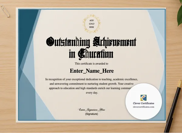 Professional preview of Outstanding Achievement In Education Certificate certificate on high-quality stationery paper, ideal for showcasing the final look.