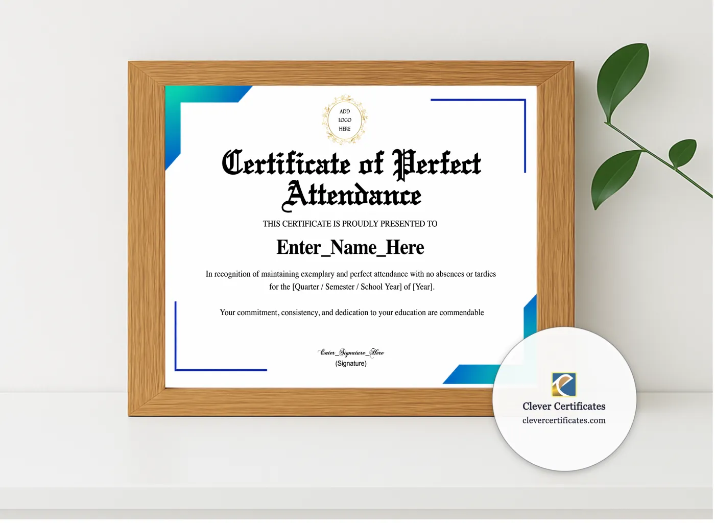 Realistic mockup featuring Perfect Attendance Student Award displayed within a modern frame, set against a minimalistic background.