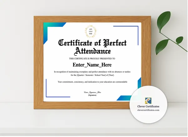 Realistic mockup featuring Perfect Attendance Student Award displayed within a modern frame, set against a minimalistic background.