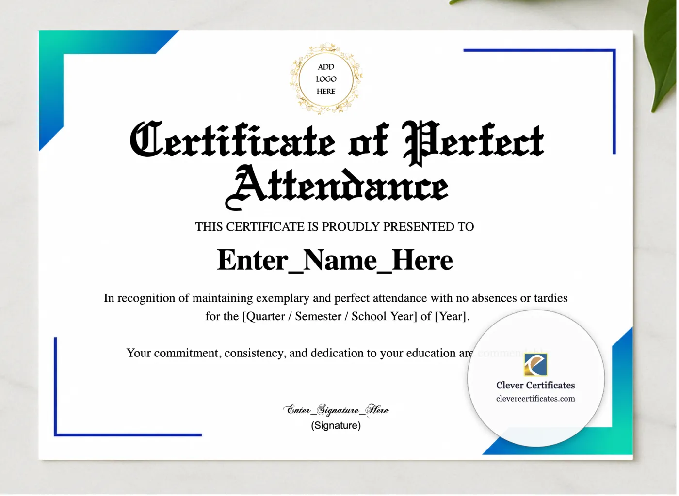 Perfect Attendance Student Award presented in a sleek wooden frame, elegantly arranged on a stylish table.