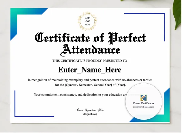 Perfect Attendance Student Award presented in a sleek wooden frame, elegantly arranged on a stylish table.