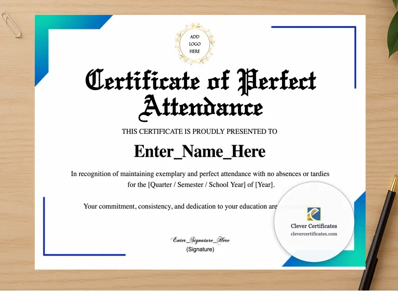 Professional preview of Perfect Attendance Student Award certificate on high-quality stationery paper, ideal for showcasing the final look.