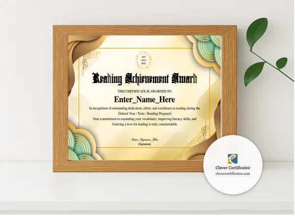 Realistic mockup featuring Reading Achievement Certificate displayed within a modern frame, set against a minimalistic background.