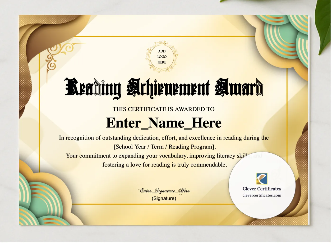 Reading Achievement Certificate presented in a sleek wooden frame, elegantly arranged on a stylish table.