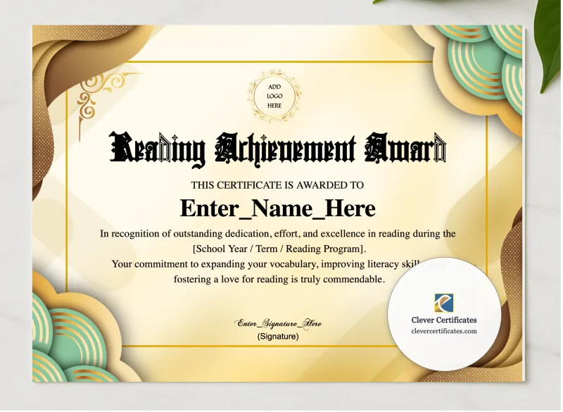 Reading Achievement Certificate presented in a sleek wooden frame, elegantly arranged on a stylish table.