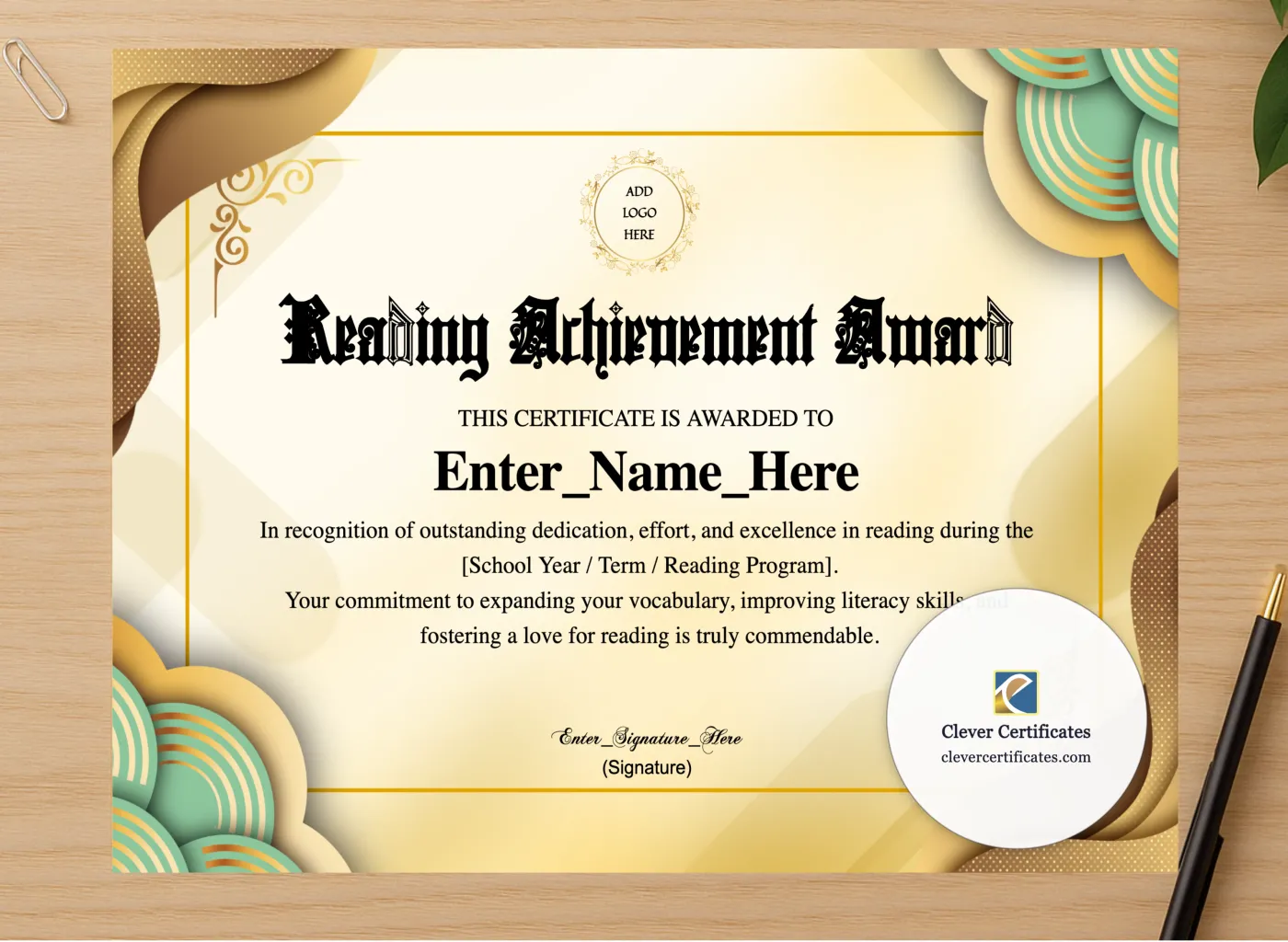 Professional preview of Reading Achievement Certificate certificate on high-quality stationery paper, ideal for showcasing the final look.