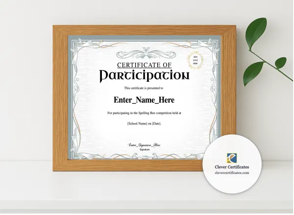 Realistic mockup featuring Spelling Bee Participation Certificate displayed within a modern frame, set against a minimalistic background.