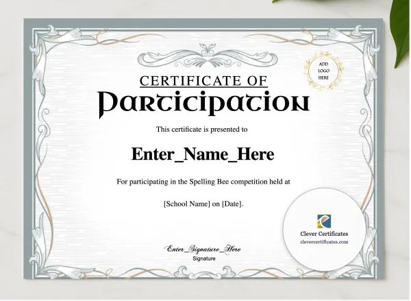 Spelling Bee Participation Certificate presented in a sleek wooden frame, elegantly arranged on a stylish table.