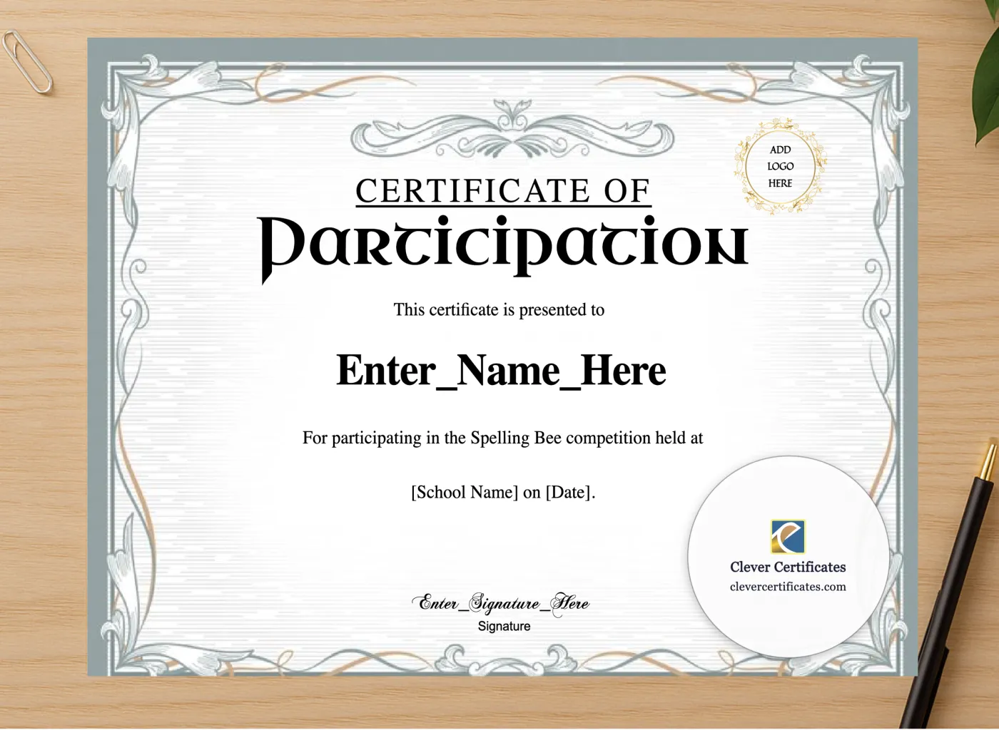 Professional preview of Spelling Bee Participation Certificate certificate on high-quality stationery paper, ideal for showcasing the final look.
