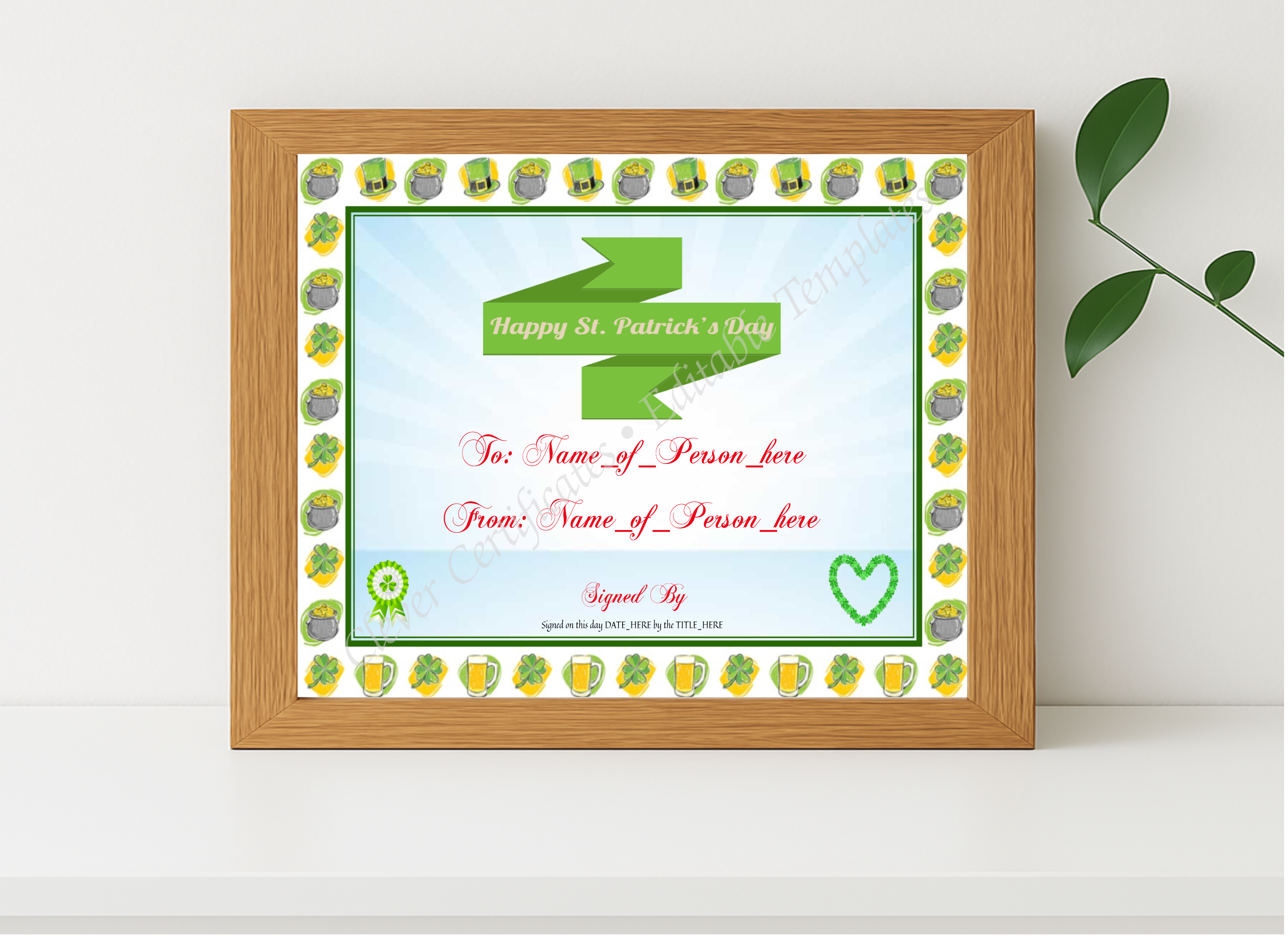Realistic mockup featuring Happy St Patricks Day 2 displayed within a modern frame, set against a minimalistic background.