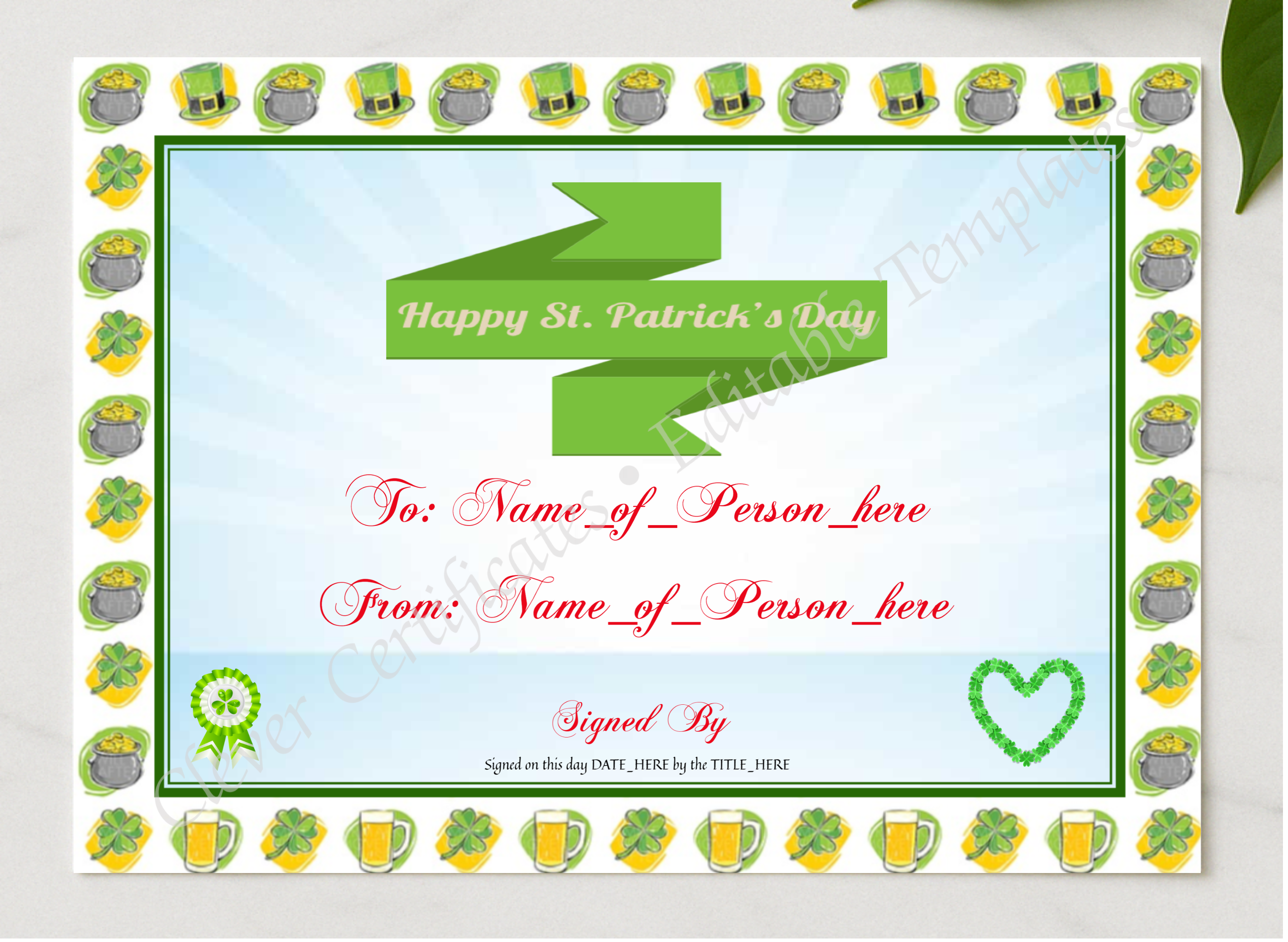 Happy St Patricks Day 2 presented in a sleek wooden frame, elegantly arranged on a stylish table.