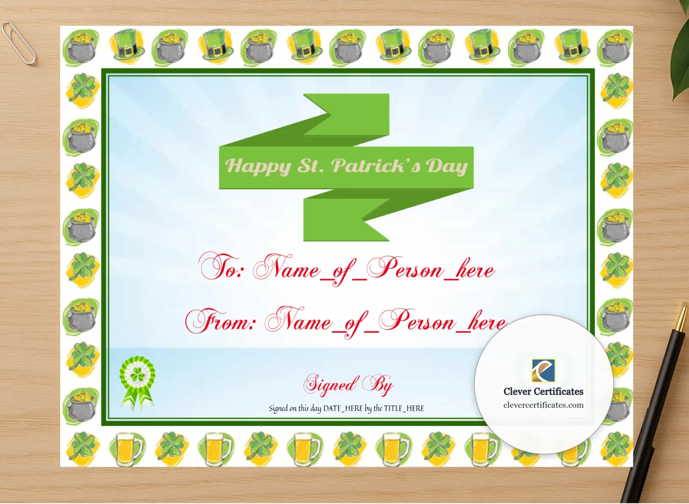 Professional preview of Happy St Patricks Day 2 certificate on high-quality stationery paper, ideal for showcasing the final look.