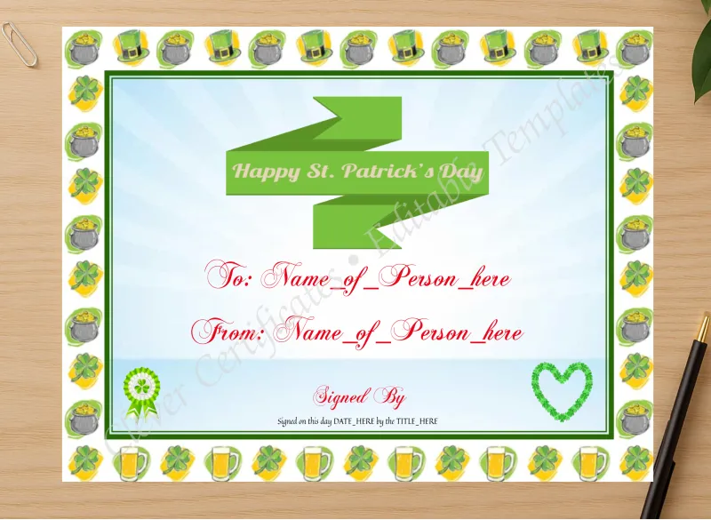 Professional preview of Happy St Patricks Day 2 certificate on high-quality stationery paper, ideal for showcasing the final look.