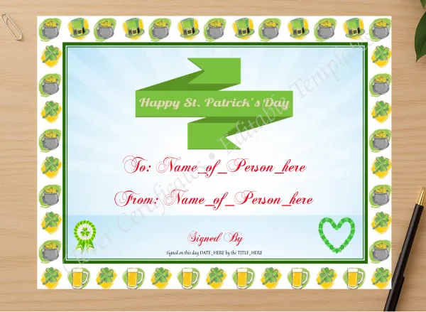 Professional preview of Happy St Patricks Day 2 certificate on high-quality stationery paper, ideal for showcasing the final look.